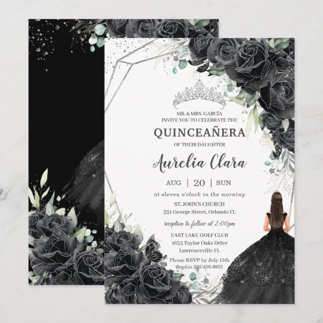 Invitación Quinceañera Rosas florales negras vestidos con una (Anverso / Reverso)