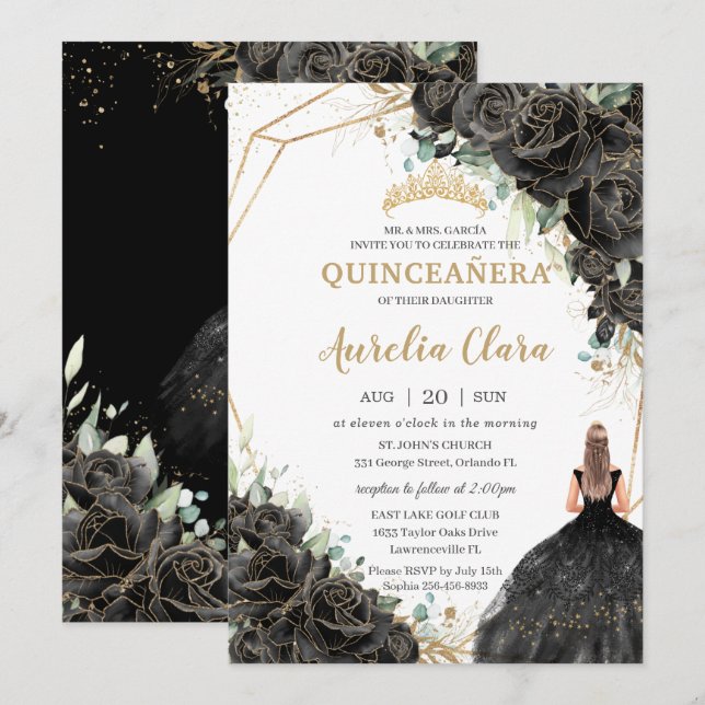 Invitación Quinceañera Rosas florales negras vistieron corona (Anverso / Reverso)