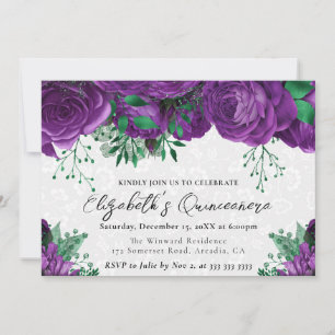 Invitación Quinceañera Rosas Moradas Acuarela