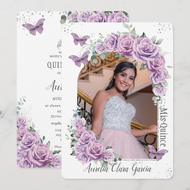 Invitación Quinceañera Rosas morados de flores mariposas foto (Anverso / Reverso)