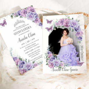 Invitación Quinceañera Rosas morados de flores mariposas foto