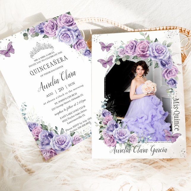 Invitación Quinceañera Rosas morados de flores mariposas foto (Subido por el creador)
