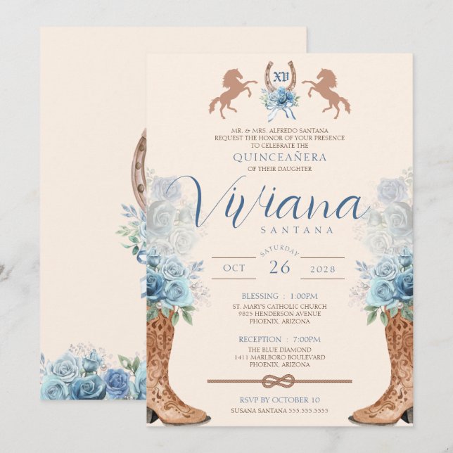 Invitación Quinceanera Rosas occidentales de Blue Charro (Anverso / Reverso)