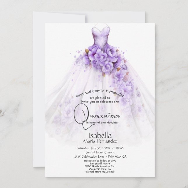 Invitación Quinceañera | Rosas púrpura Floral Gown (Anverso)