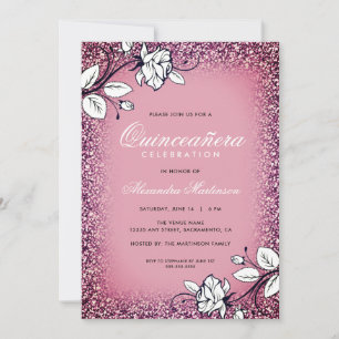 Invitación Quinceañera Rosas Purpura y Brillantes Blancas