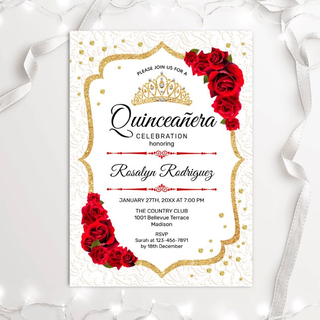 Invitación Quinceanera - Rosas rojas de oro blanco (Subido por el creador)