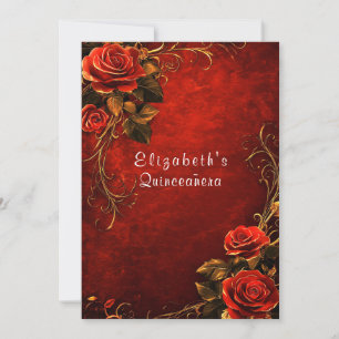 Invitación Quinceañera Rosas Rojas Filigrana Dorada