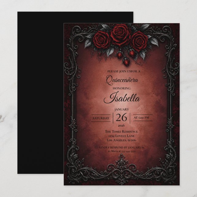 Invitación Quinceañera rosas rojas góticas (Anverso / Reverso)