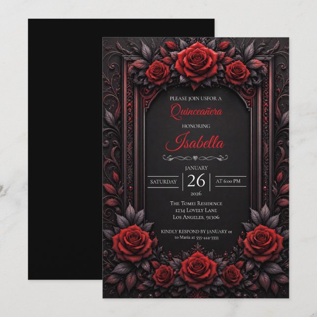 Invitación Quinceañera rosas rojas góticas (Anverso / Reverso)