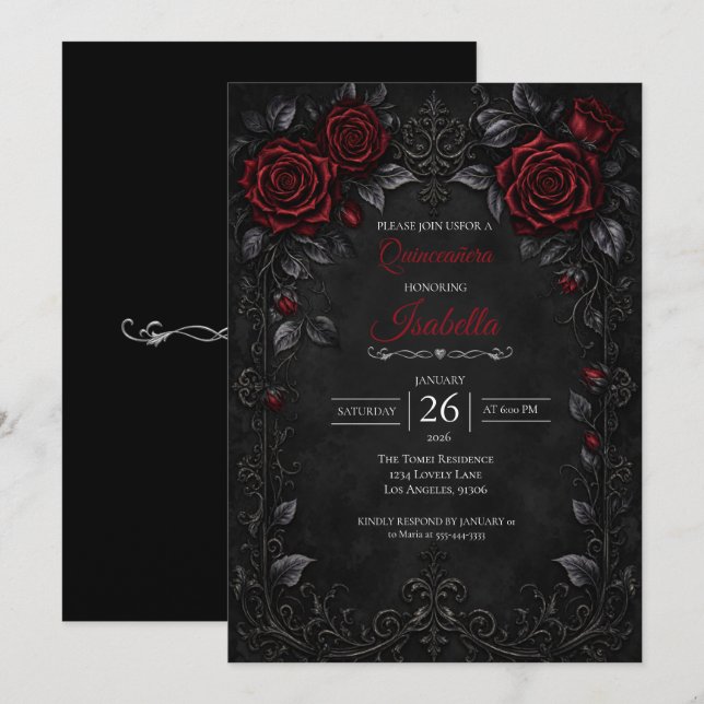 Invitación Quinceañera rosas rojas góticas (Anverso / Reverso)