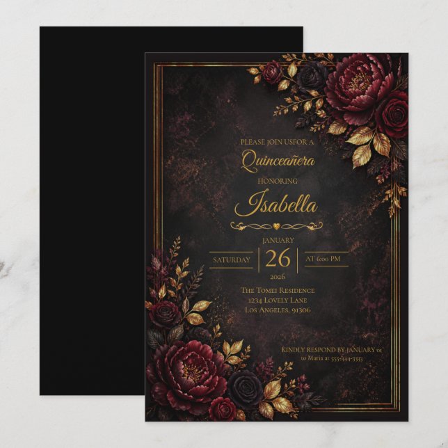 Invitación Quinceañera rosas rojas góticas (Anverso / Reverso)