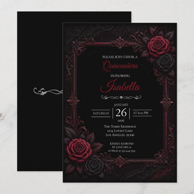 Invitación Quinceañera rosas rojas góticas (Anverso / Reverso)
