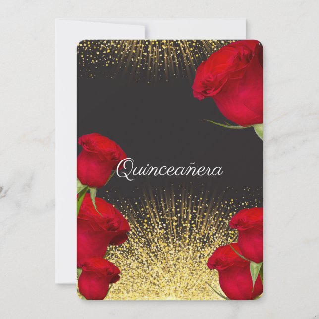 Invitación Quinceanera, rosas rojas, Purpurina de  (Anverso)