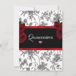 Invitación Quinceañera Rosas Rojas Satén Rojo Negro Toile Bla