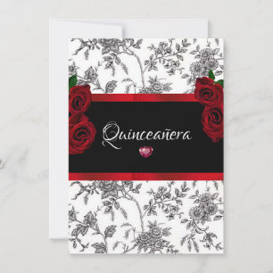 Invitación Quinceañera Rosas Rojas Satén Rojo Negro Toile Bla