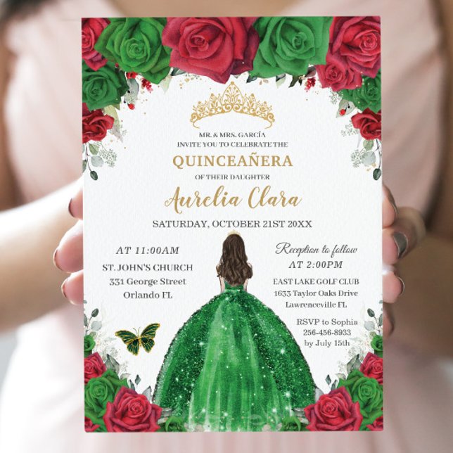 Invitación Quinceañera Rosas rojos verdes florales Princesa O (Subido por el creador)