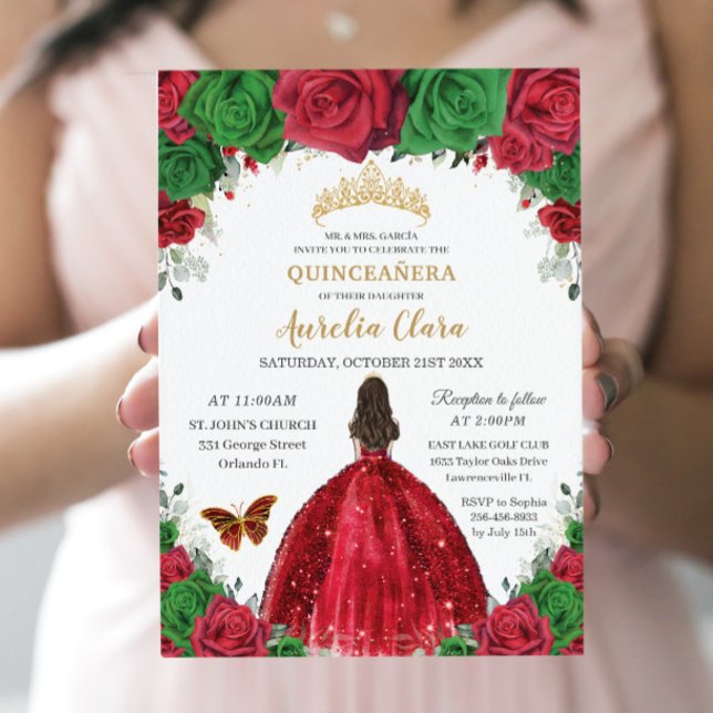 Invitación Quinceañera Rosas rojos verdes florales Princesa O (Subido por el creador)