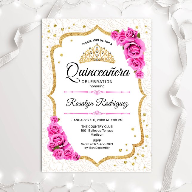 Invitación Quinceanera - rosas rosadas de oro blanco (Subido por el creador)
