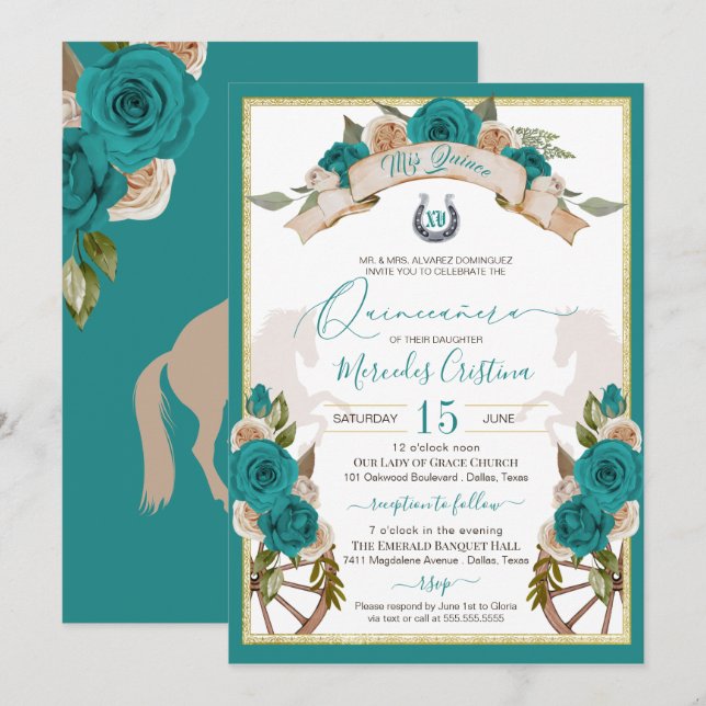 Invitación Quinceanera, Rosas Verde azulados de Charro Turque (Anverso / Reverso)