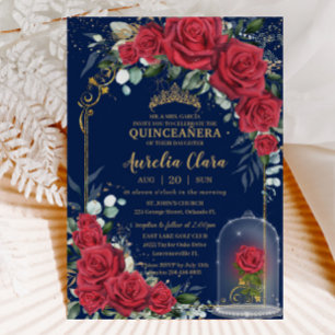 Invitación Quinceañera Roses Rojos Encantados Floral Marina A