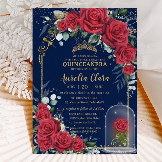 Invitación Quinceañera Roses Rojos Encantados Floral Marina A (enchanted red roses Quinceañera sweet 16 birthday invitation card printed instant download)