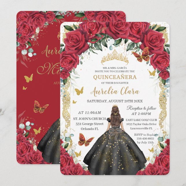 Invitación Quinceañera Roses Rojos Flor Negro Vestido Oro (Anverso / Reverso)