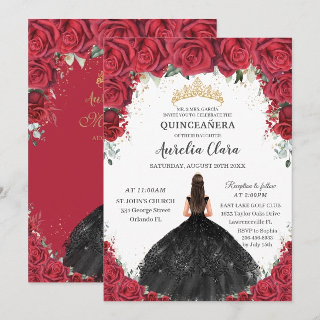 Invitación Quinceañera Roses Rojos Flor Negro Vestido Oro (Anverso / Reverso)