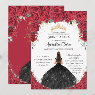 Invitación Quinceañera Roses Rojos Flor Negro Vestido Oro
