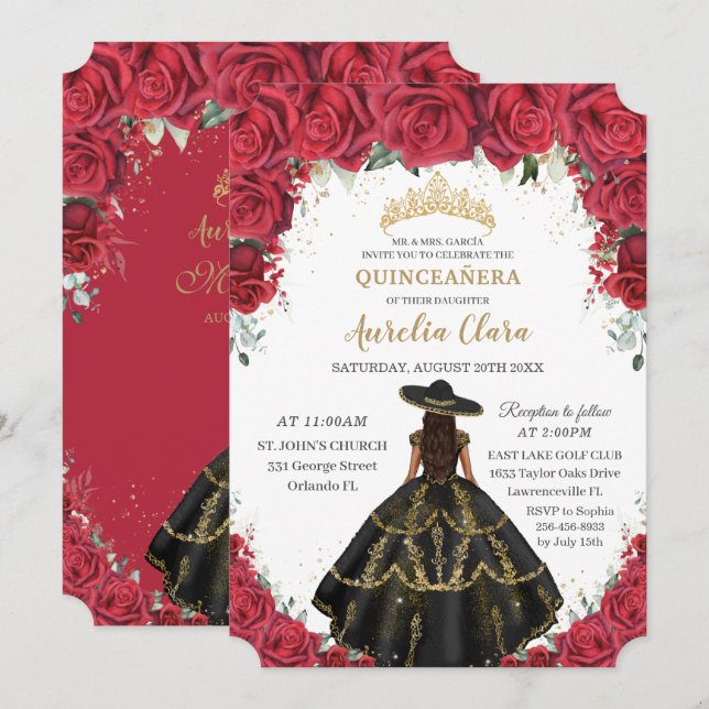 Invitación Quinceañera Roses Rojos Flores Gorra de vestir neg (Anverso / Reverso)