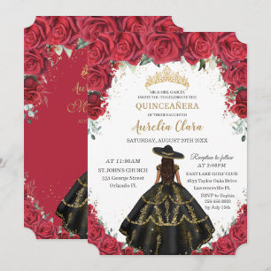 Invitación Quinceañera Roses Rojos Flores Gorra de vestir neg