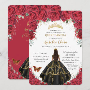 Invitación Quinceañera Roses Rojos Flores Vestido Negro Oro