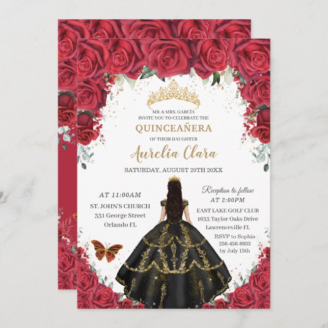 Invitación Quinceañera Roses Rojos Flores Vestido Negro Oro (Anverso / Reverso)