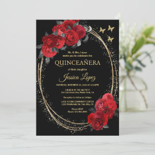 Invitación Quinceanera Roses Rojos Negros Flores Mariposa de 