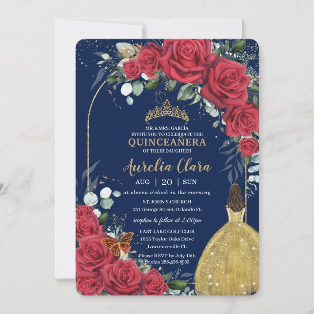 Invitación Quinceañera Roses Rojos Princesa Vestido Amarillo  (Anverso)