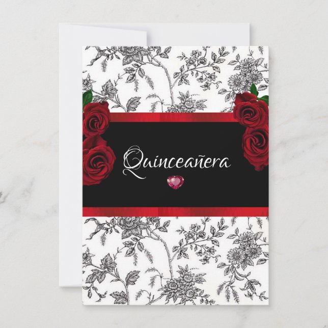 Invitación Quinceanera Roses Rojos Satino Blanco Negro (Anverso)