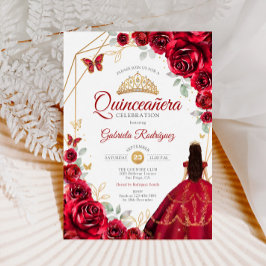 Invitación Quinceanera Roses Rojos Vestidos Dorados