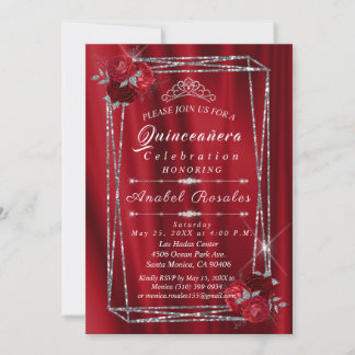 Invitación Quinceanera Roses rojos y Purpurina plateado