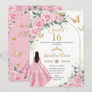 Invitación Quinceañera Roses Rosa Floral Brunette Chica Gold