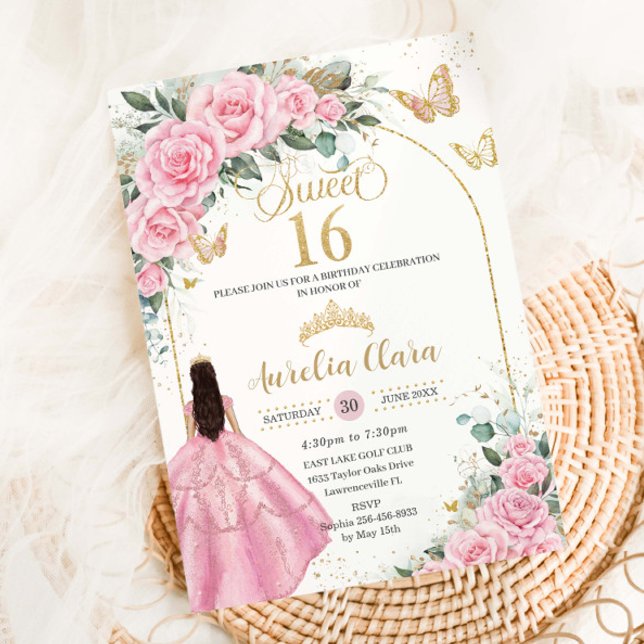 Invitación Quinceañera Roses Rosa Floral Brunette Chica Gold (Subido por el creador)