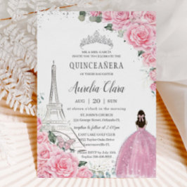 Invitación Quinceañera Roses Rosa Floral París Eiffel Plata