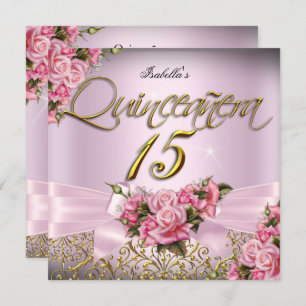 Invitación Quinceanera Roses Rosados Fiesta de Cumpleaños 15