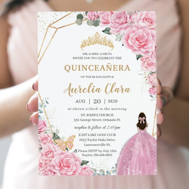 Invitación Quinceañera Roses rosados Floral Princesa de oro (Subido por el creador)