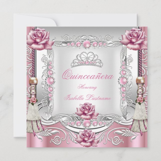Invitación QuINCEANERA Roses rosados Tassels Silver Tiara (Anverso)