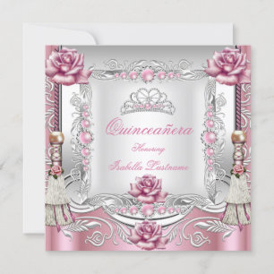 Invitación QuINCEANERA Roses rosados Tassels Silver Tiara