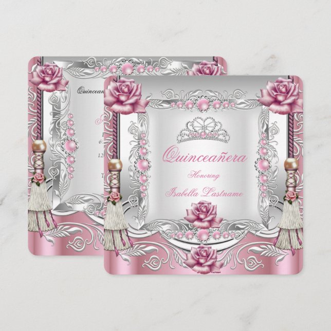Invitación QuINCEANERA Roses rosados Tassels Silver Tiara (Anverso / Reverso)