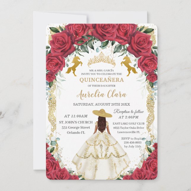 Invitación Quinceañera Roses Roses Roses Caballos de Vestido  (Anverso)