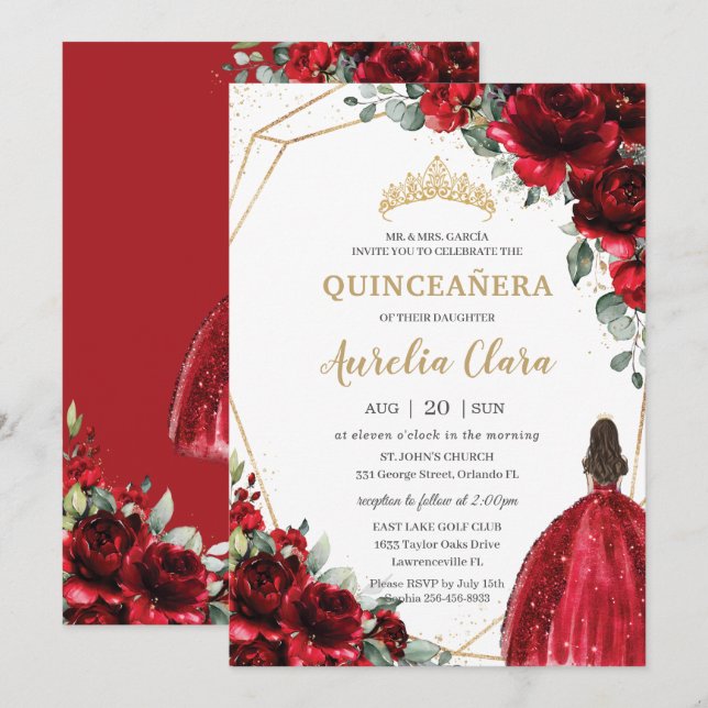 Invitación Quinceañera Roses Roses Roses Flores Florales Prin (Anverso / Reverso)