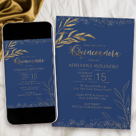Invitación Quinceanera Royal Blue and Gold Leaf Elegante