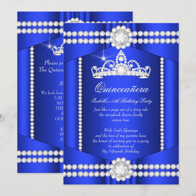 Invitación Quinceanera Royal Blue Diamond Tiara (Anverso / Reverso)
