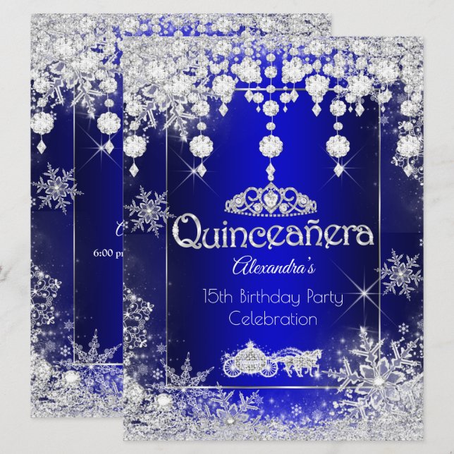 Invitación Quinceanera Royal Blue Fairytale Winter Wonderland (Anverso / Reverso)